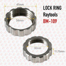 Abdul Traders high-precision metal lock nuts for RayTools BM109 fiber laser cutting heads with technical dimensions.