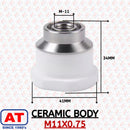 Abdul Traders BOCI Ceramic Body M11x0.75 for fiber laser cutting heads. White ceramic with silver metal top.