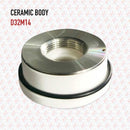 Abdul Traders Ceramic Body D32xM14 for laser fiber machines, white ceramic with metal threading and black O-ring.