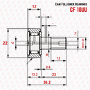 Abdul Traders technical diagram of YFB CF 10 PP cam follower needle roller bearing with dimensions in millimeters