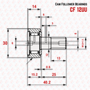 Abdul Traders technical drawing of YFB CF 12 PP cam follower needle roller bearing with dimensions and specifications