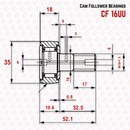 Abdul Traders technical drawing of YFB CF 16PP KR 35 cam follower needle roller bearing with dimensional specifications