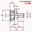 Abdul Traders technical diagram of YFB CF 18 KR 40 needle roller cam follower bearing with dimensions in millimeters