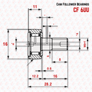Technical diagram of Abdul Traders YFB CF 6 PP KR 16 cam follower needle roller bearing with dimensional measurements