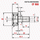 Abdul Traders technical diagram of YFB CF 8 PP KR 19 cam follower needle roller bearing with dimensions