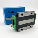 Abdul Traders SHAC GHW 45 HC linear guide block, wide, high-capacity, black and silver with green end caps.