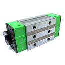 Abdul Traders GRH 25CA SHAC linear guide block with green end caps and silver metal body.