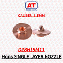 Abdul Traders Hans SL-1.5-D28H15M11 copper single layer fiber laser cutting nozzle with 1.5mm caliber.