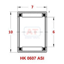 Abdul Traders technical diagram of YFB HK 0607 ASI drawn cup needle roller bearing with dimensions 6x10x7 mm