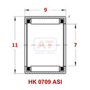 Technical diagram of Abdul Traders YFB HK 0709 ASI drawn cup needle roller bearing with dimensions