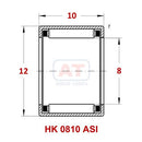 Technical diagram of Abdul Traders YFB HK 0810 ASI drawn cup needle roller bearing with dimensions 8x12x10 mm