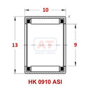 Abdul Traders YFB HK 0910 ASI needle roller bearing technical diagram showing dimensions for industrial machinery