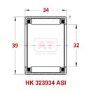 Technical diagram of YFB HK 323934 ASI drawn cup needle roller bearing from Abdul Traders showing dimensions