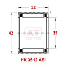 Technical diagram of Abdul Traders YFB HK 3512 ASI drawn cup needle roller bearing with dimensions 35x42x12mm