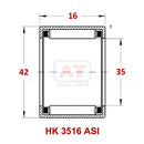 Abdul Traders YFB HK 3516 ASI drawn cup needle roller bearing technical diagram showing dimensions