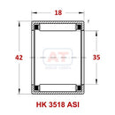 Abdul Traders technical diagram of YFB HK 3518 ASI drawn cup needle roller bearing with dimensions 35x42x18mm
