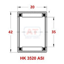 Abdul Traders YFB HK 3520 ASI needle roller bearing technical diagram showing dimensions and internal structure
