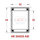 Technical diagram of Abdul Traders YFB HK 354332 ASI drawn cup needle roller bearing with dimensions