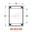 Abdul Traders YFB HK 4012 ASI drawn cup needle roller bearing technical diagram showing dimensions and steel structure