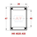 Abdul Traders YFB HK 4020 ASI drawn cup needle roller bearing technical diagram showing dimensions and internal structure