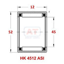 Abdul Traders YFB HK 4512 ASI drawn cup needle roller bearing technical diagram showing dimensions
