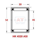 Abdul Traders technical diagram of YFB HK 4520 ASI drawn cup needle roller bearing with dimensions