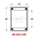 Technical diagram of Abdul Traders YFB HK 5012 ASI drawn cup needle roller bearing with dimensions in millimeters