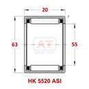 Technical diagram of YFB HK 5520 ASI needle roller bearing with dimensions from Abdul Traders