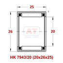 Abdul Traders YFB HK 7943/20 needle roller bearing technical diagram showing 20x26x25 dimensions