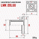 Technical diagram of Abdul Traders MYT LMK 20LUU round flange linear bearing with 20mm bore and dimensions
