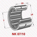 Abdul Traders NK 07/10 needle roller bearing without inner ring, showing technical dimensions of 7mm and 10mm