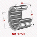Abdul Traders YFB NK 17/20 needle roller bearing without inner ring, showing technical dimensions for industrial use.