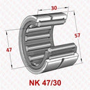Abdul Traders YFB NK 47/30 needle roller bearing technical diagram showing 47mm inner and 30mm width dimensions