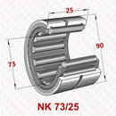 Abdul Traders YFB NK 73/25 needle roller bearing without inner ring, showing dimensions 73mm by 25mm and 90mm diameter