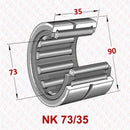Abdul Traders YFB NK 75/35 needle roller bearing without inner ring, showing technical dimensions for industrial use.