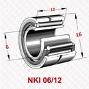 Abdul Traders NKI 06/12 YFB needle roller bearing with IR inner ring, featuring technical dimensions for industrial use.
