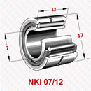 Abdul Traders YFB NKI 07/12 needle roller bearing with IR inner ring, featuring technical dimension annotations.
