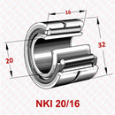 Abdul Traders NKI 20/16 YFB needle roller bearing with inner ring, showing technical dimensions for industrial use.