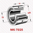 Abdul Traders YFB NKI 75/25 needle roller bearing with IR machined inner ring, showing technical dimensions.