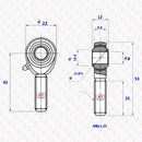 Abdul Traders POS 08 male thread rod end bearing with 8mm bore, steel construction, and zinc finish. Technical drawing with dimensions.