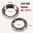 Abdul Traders metal lock nut ring for RayTools BM110 and BM111 fiber laser cutting heads with technical dimensions.