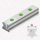 Abdul Traders WERB HGR 35 linear guide rail, 35mm width, silver metal with green circular markers. Includes technical diagram.