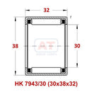 Abdul Traders YFB HK 7943/30 needle roller bearing technical diagram showing 30x38x32mm dimensions