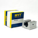 Abdul Traders MYT SBR 12UU linear motion bearing unit with aluminum housing and ball retainer, next to its branded box.